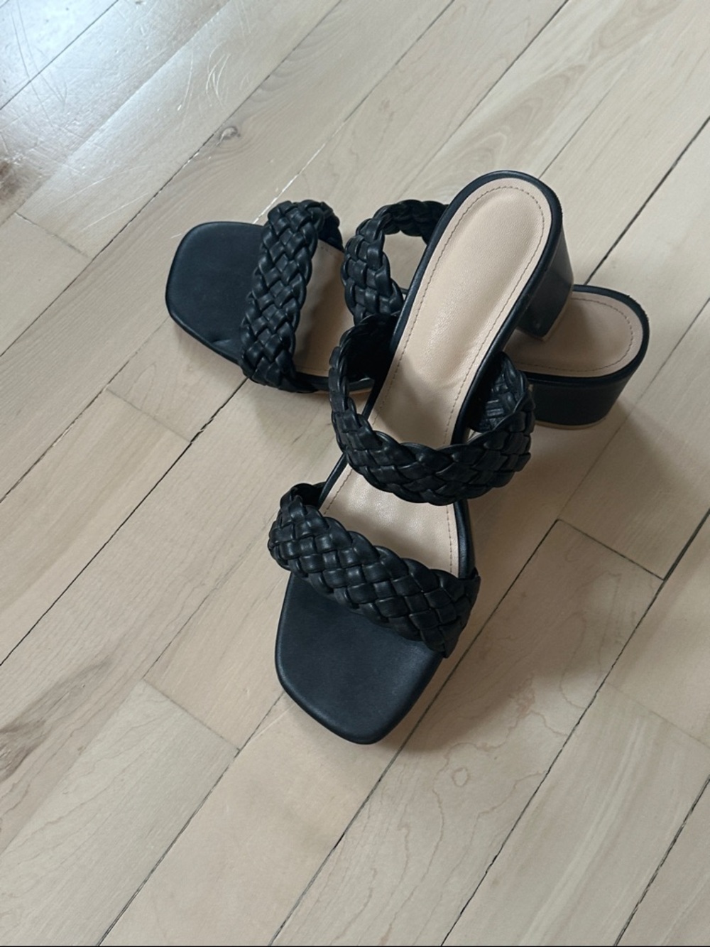 Black Woven Two-Strap Block Heel Sandals